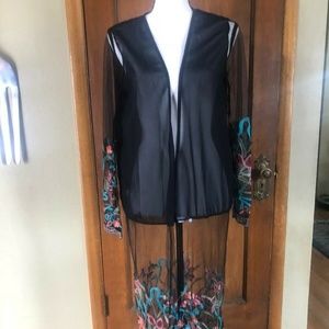 Black Sheer Floral Embroidered Kimono XL